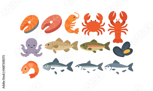 Seafood flat icon set: crustaceans, fish, shrimp, crab, lobster icons collection