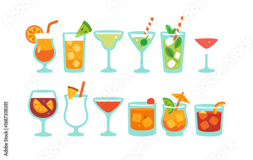 Drinks and cocktails icon set. refreshing beverages flat style collection