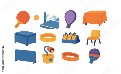 Sports equipment flat icon set. table tennis, volleyball, and furniture icons
