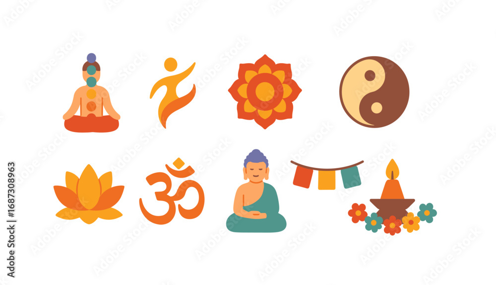 Fototapeta premium Yoga and meditation flat icon set. wellness, mindfulness, spiritual symbols collection