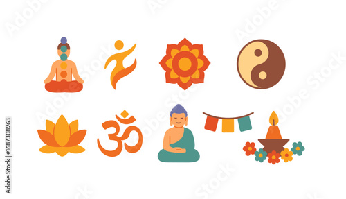 Yoga and meditation flat icon set. wellness, mindfulness, spiritual symbols collection