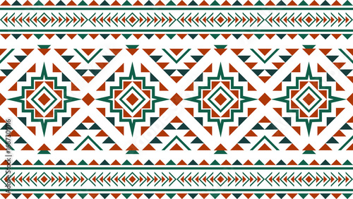 Aztec ethnic seamless pattern green and red. Vector ethnic illustration. Illustration for fabric print, background, tribal, ethnic.