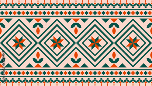 Seamless Aztec ethnic pattern in green and red on a light pink background. Vector ethnic illustration. Illustration for fabric print, background, tribal, ethnic.