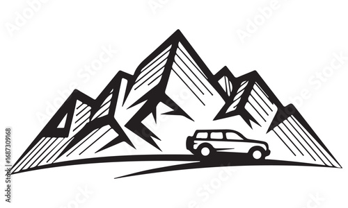 Graphic Mountain Landscape with Off-Road Vehicle on a Scenic Road