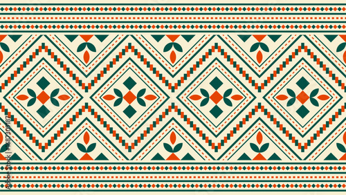 Seamless Aztec ethnic pattern in green and red colors on a light green background. Vector ethnic illustration. Illustration for fabric prints, backgrounds, tribal, ethnic.