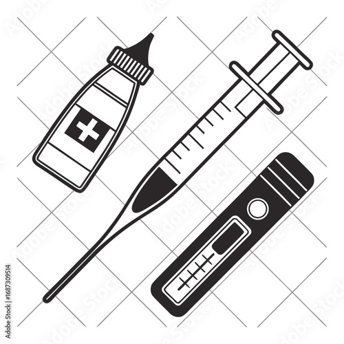 Medical instruments including syringe thermometer and eye drop bottle