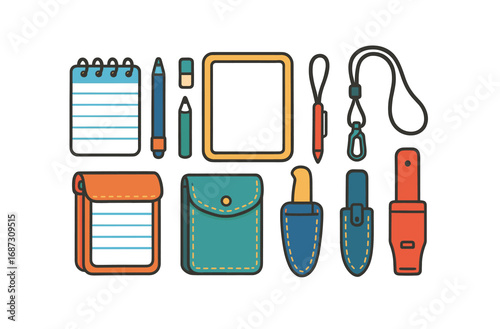 Office supplies icon set. stationery tools in flat style for efficient organization