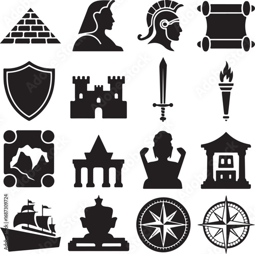 Ancient History Symbols Collection With Pyramid Castle Scroll And Torch vector illustration