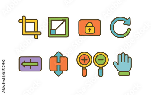 Editing tools flat icon set. image, crop, zoom, rotate, lock, resize flat collection