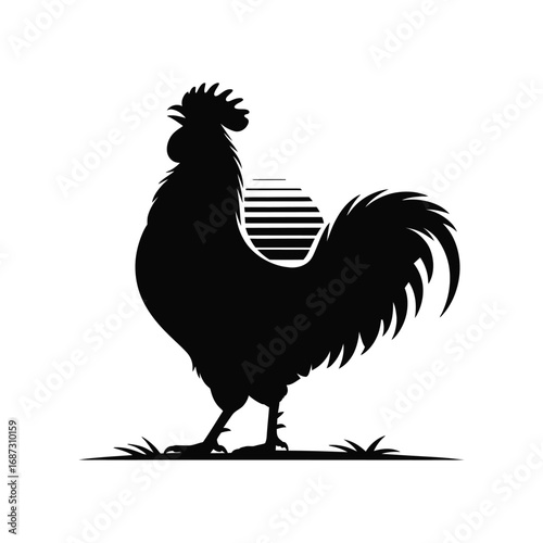 Rooster Silhouette Illustration Crowing Farm Animal Vector Design Isolated on White