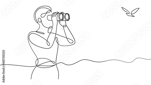 Minimalist line drawing of a person looking through binoculars at a bird in the sky
