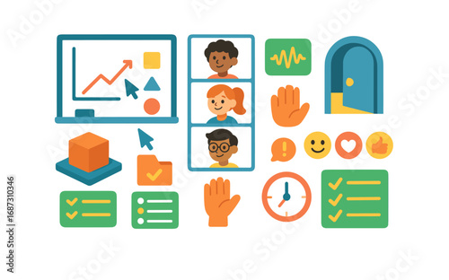 Communication and teamwork flat icon set for virtual collaboration and meetings