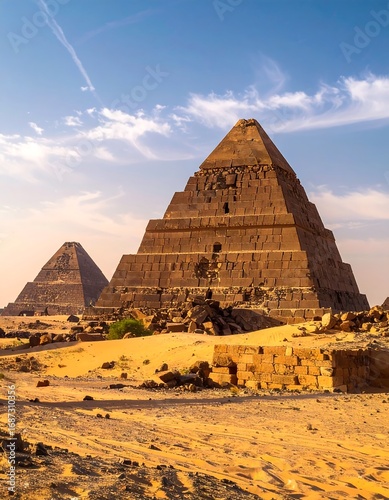 Ancient pyramids in desert landscape