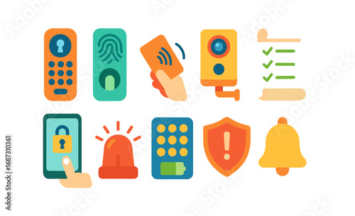 Security gadgets icon set. home, safety, devices, lock, alarm icons flat style