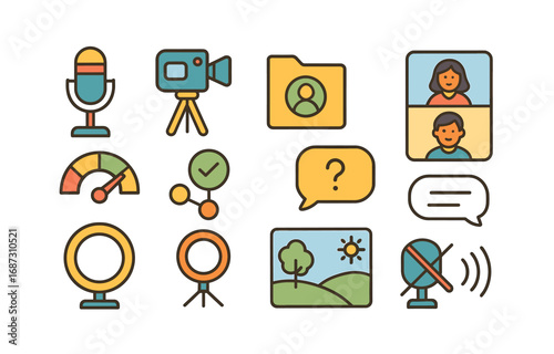 Communication, media flat icon set. microphone, camera, chat icons in flat style