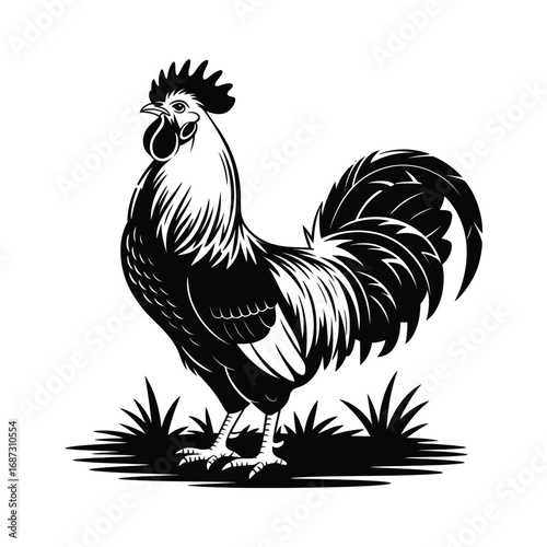Detailed Rooster Silhouette Illustration Farm Animal Vector Design Isolated on White
