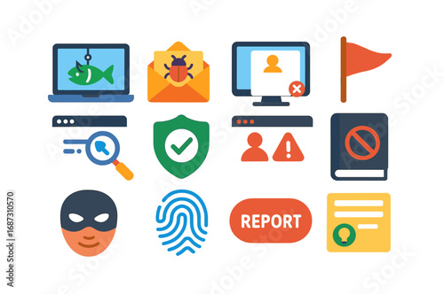 Cybersecurity, internet flat icon set. online safety, privacy protection symbols collection