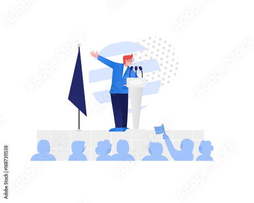 A politician gives a motivational speech from a podium to an engaged audience during an election campaign