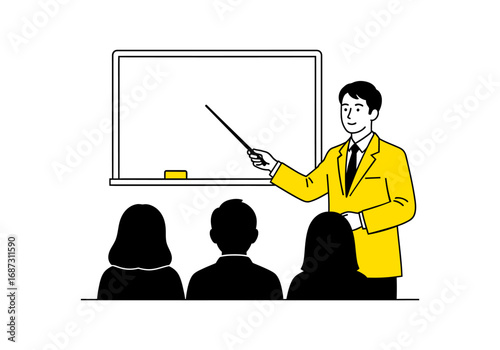 Vector illustration of a male teacher or business professional in a suit presenting with a pointer in front of a blank whiteboard, suitable for education, training, business, or seminar concepts