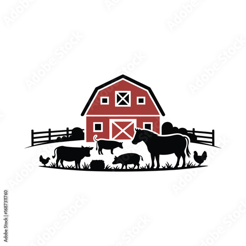 Farm Scene Silhouette Illustration with Barn, Animals, and Fence on White Background