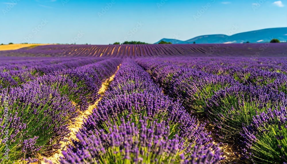 Naklejka premium Lush lavender field under a vibrant blue sky