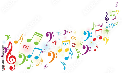 Colorful music notes illustration on white background, a decorative design element.