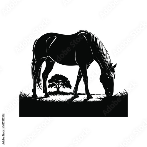 Grazing Horse Silhouette Illustration with Tree in Background on White Background