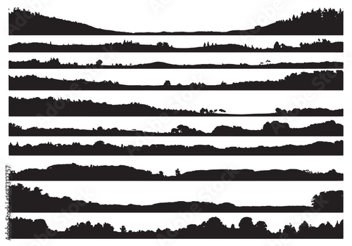 Diverse silhouette landscape horizons with trees mountains and hills for design elements white background