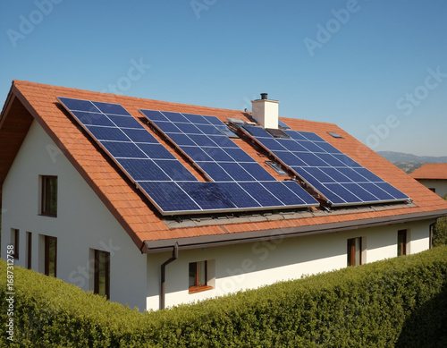 Solar panels on modern house roof, renewable energy concept.