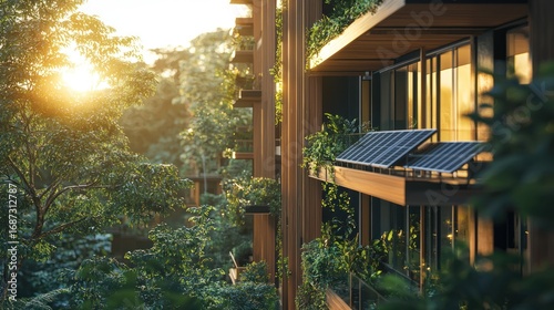 Eco-friendly apartment building with lush greenery and solar panels at sunset.