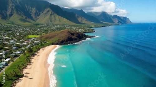 Aerial view of Waimea Bay beach in Hawaii, Scenic drone view of Waimea Bay on Oahu s North Shore, with turquoise water, sandy beach, tropical greenery, and coastal homes