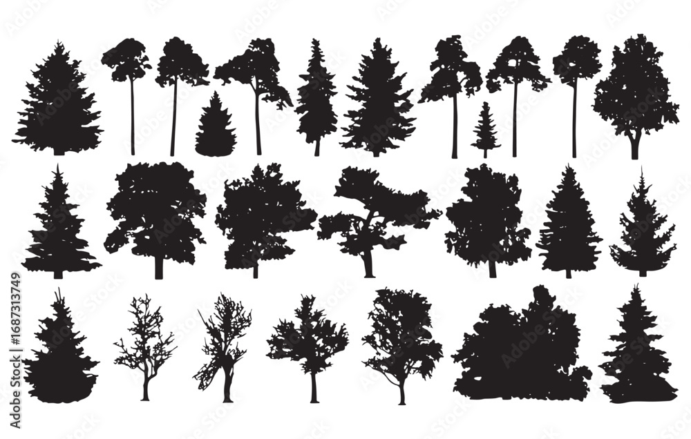 Fototapeta premium Diverse silhouettes of evergreen and deciduous trees ideal for nature and landscape designs white background