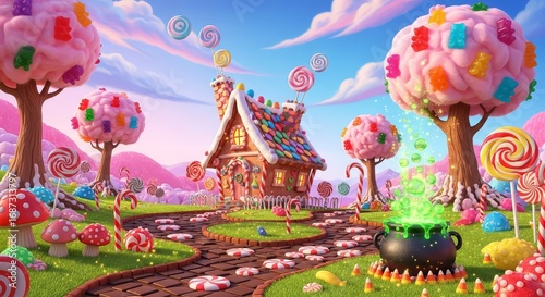 Whimsical candy land illustration with gingerbread house, lollipops, and gummy bear trees for fantasy themes