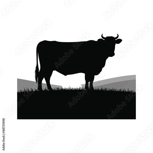 Cow Silhouette Illustration Grazing in Field with Hills Background Vector Graphic