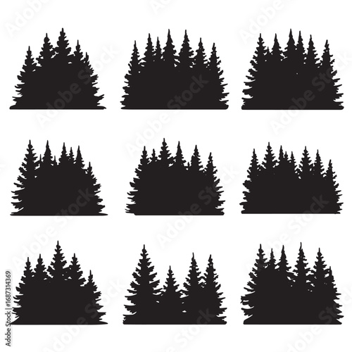 Collection of pine tree silhouettes forest landscape elements nature scene design assets white background