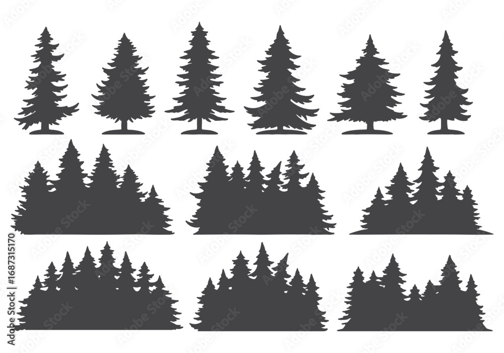 Fototapeta premium Collection of diverse evergreen pine tree silhouettes for natural landscape design elements white background