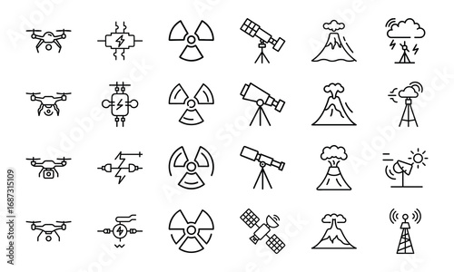 Collection of Science and Technology Icons – Drone, Circuit Board, Radiation Hazard Symbol, Telescope, Satellite Dish, Volcano Eruption, and Weather Station Outline Illustrations on White Background