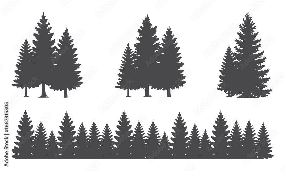 Fototapeta premium Silhouettes of pine trees and evergreen forest landscape elements for design white background