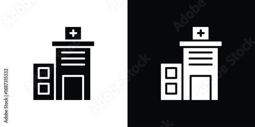 Hospital building icons set. Black and white silhouette collection