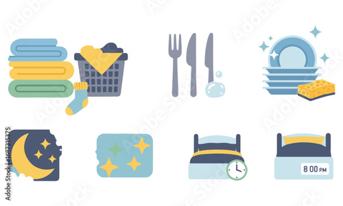 Flat Design Icons for Daily Routines and Household Chores