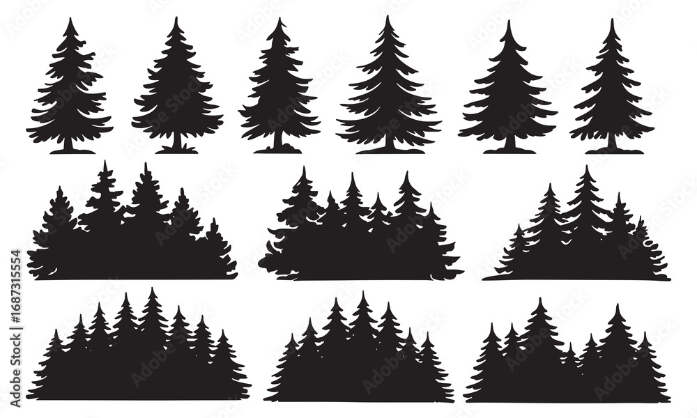 Fototapeta premium Collection of silhouette evergreen pine trees and forest landscapes for natural design elements white background