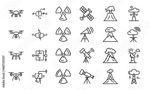 Collection of Science and Technology Icons – Drone, Circuit Board, Radiation Hazard Symbol, Telescope, Satellite Dish, Volcano Eruption, and Weather Station Outline Illustrations on White Background