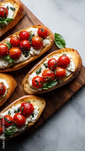 Freshly prepared bruschetta topped with creamy cheese, vibrant cherry tomatoes, and basil leaves on a wooden board.