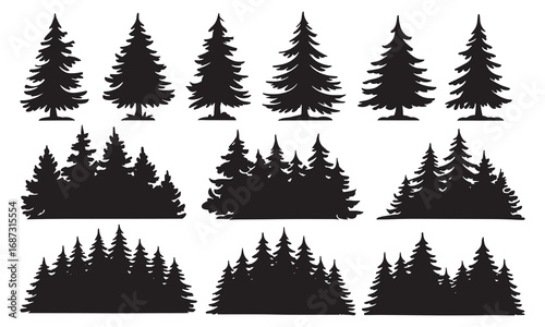Collection of silhouette evergreen pine trees and forest landscapes for natural design elements white background