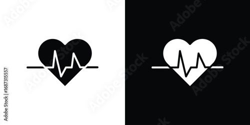 Heartbeat icons set. Black and white silhouette collection