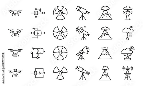 Collection of Science and Technology Icons – Drone, Circuit Board, Radiation Hazard Symbol, Telescope, Satellite Dish, Volcano Eruption, and Weather Station Outline Illustrations on White Background