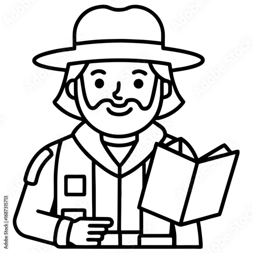 Park Ranger Character with Guide Book, a Line Art Icon for Tourism and Exploration