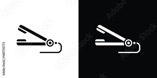 Hair straightener icons set. Black and white silhouette collection