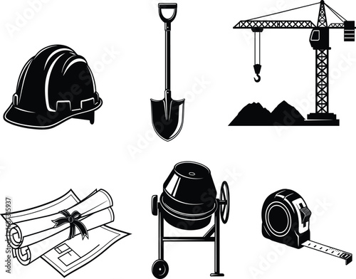 Construction icons, hard hat, shovel, tower crane, blueprints, concrete mixer, tape measure, building tools, safety gear, site equipment