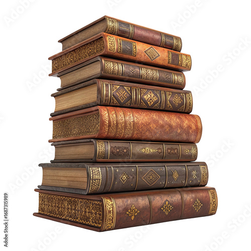 Stack of antique leather bound books with ornate gold tooling isolated on transparent background